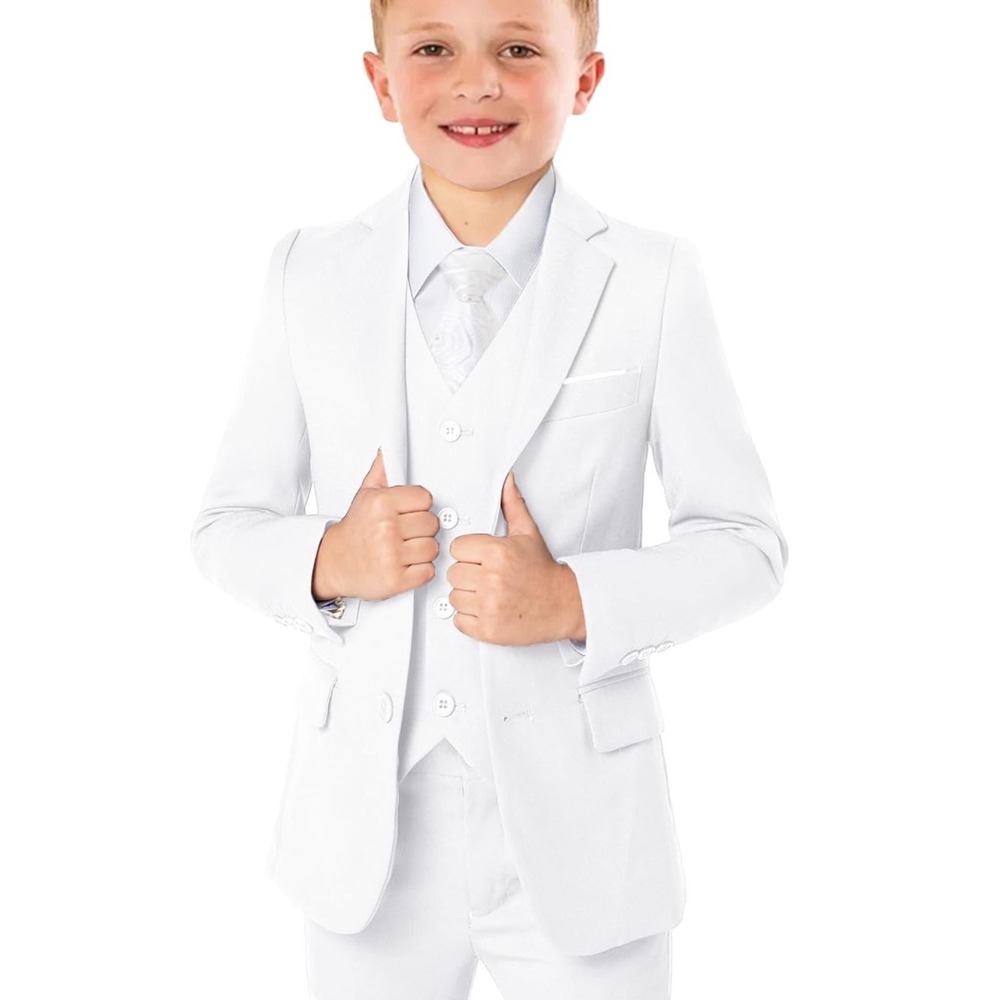 Boys White 5 Piece Formal‎ Suit Set Jacket Vest Pants Shirt Tie Size 14Y